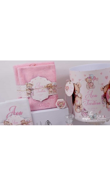 Trusou de botez cu ursuleti roz si inimioare Teddy Bear Pink Hearts 11